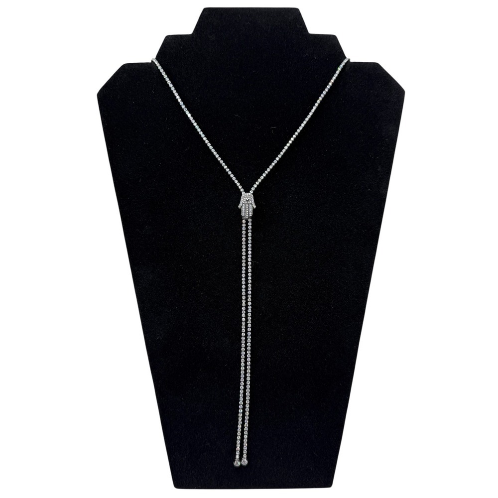 Sparkling Hematite Hamsa Hand Lariat Necklace Y-Style Clear Stones 18 in